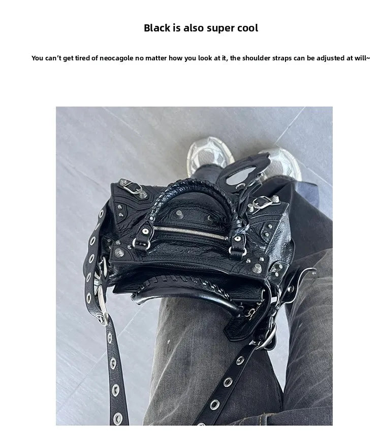 Neo Motorcycle Bag Handheld Rivet Head Layered Oil Wax Cowhide Crossbody Women's Bag Cool And Spicy Girl Retro Style Tote Bag