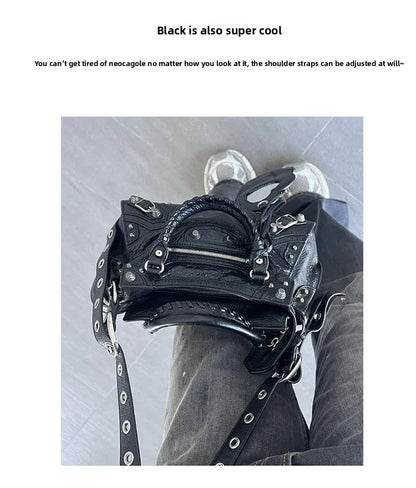Neo Motorcycle Bag Handheld Rivet Head Layered Oil Wax Cowhide Crossbody Women's Bag Cool And Spicy Girl Retro Style Tote Bag