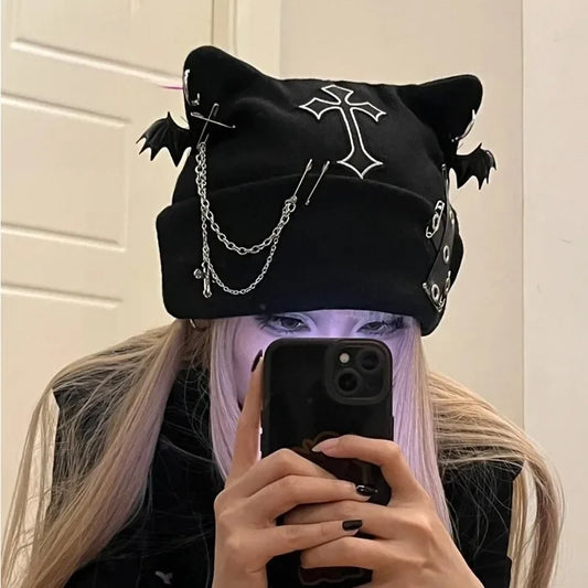 Gothic Grunge Cat Ear Bat Wing Black Beanie Hat Harajuku Punk Cross Chain - APEX RITUAL women's hats