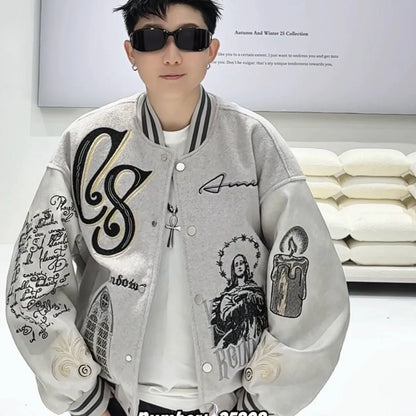 Embroidery bomber Jacket Men Splicing PU Leather Sleeves Spring Autumn Streewear varsity Jacket Baseball Coats Men Clothing