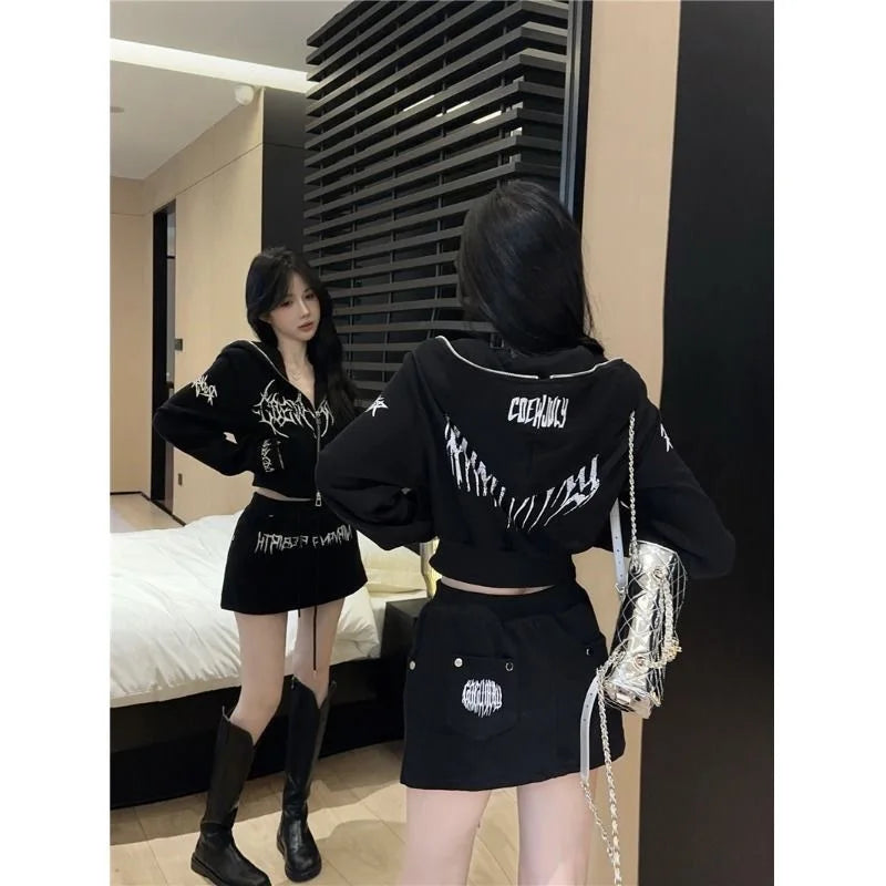 Dark Style Short Letter Sweatshirt And  Skirt Set for Women Trendy Streetwear Autumn Collection Long Sleeve Casual Sports...