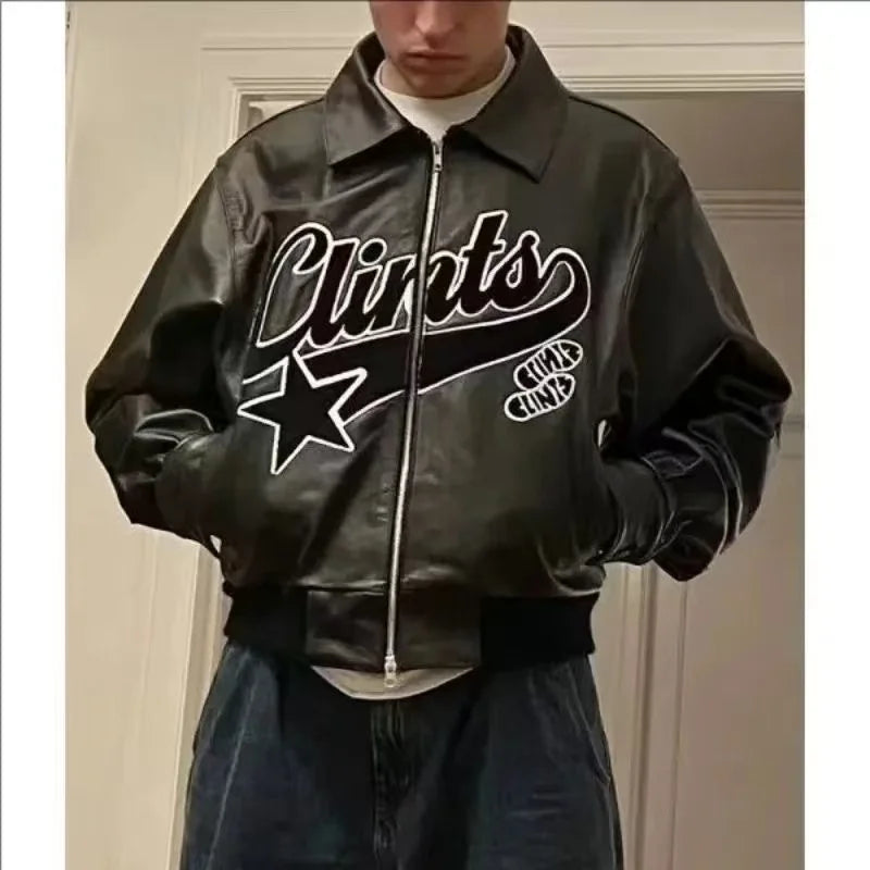 Retro Y2K Jacket, American Streetwear Trendy PU Leather Jacket, Black Thick Loose Zip-Up Jacket for Men
