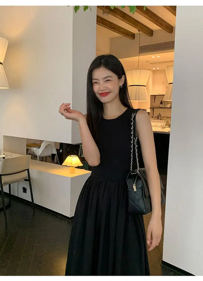 New Vintage Holiday Style Black Midi Dress Dresses for Women Clothing O Neck Office Lady Casual Pockets Women's Clothing