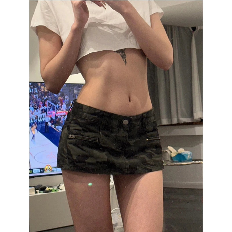 Low Waist A-Line  Skirt Women's Summer Sexy Camouflage Denim Skirt Punk Street Style Green Color Streetwalk Citywalk
