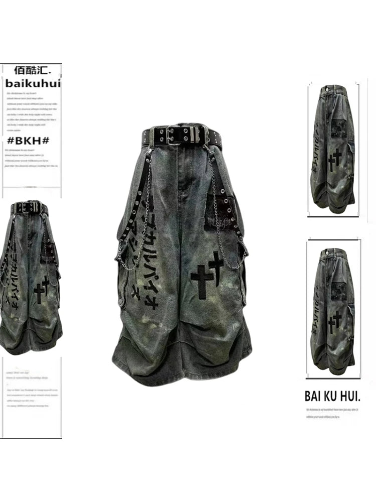Summer Women Goblin Core Cross Denim Jorts Shorts Y2k Calf-Length Jean Pants Trashy Y2K Abi Japanese Cyber Punk Grunge Women's