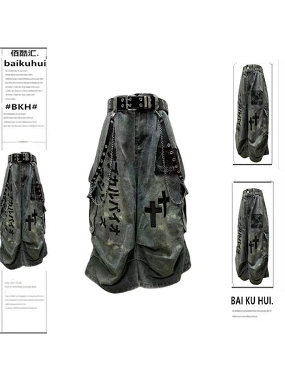 Summer Women Goblin Core Cross Denim Jorts Shorts Y2k Calf-Length Jean Pants Trashy Y2K Abi Japanese Cyber Punk Grunge Women's