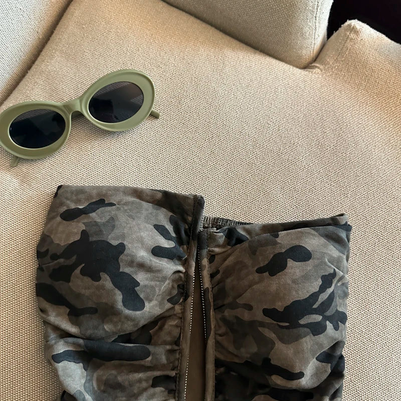 Sexy American Girl Camouflage Print Tube Top Vest Women's Summer Zipper Open Cardigan Shoulder Bared Short Style Top