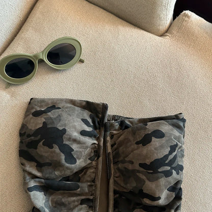 Sexy American Girl Camouflage Print Tube Top Vest Women's Summer Zipper Open Cardigan Shoulder Bared Short Style Top