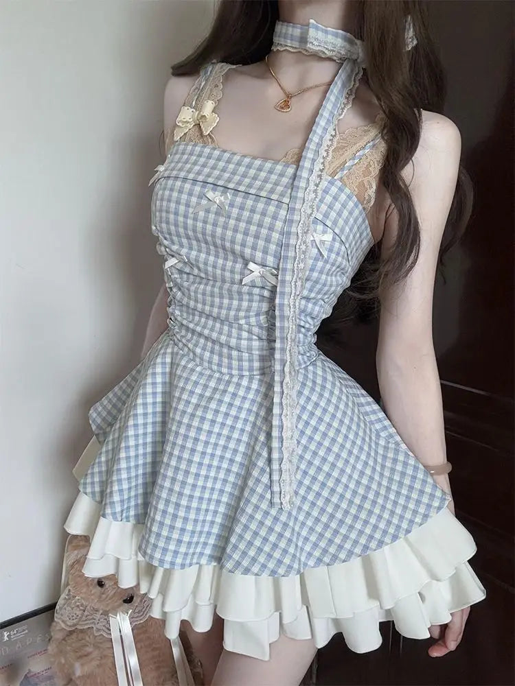 Women's Blue Plaid Bow Strapless Mini Dress