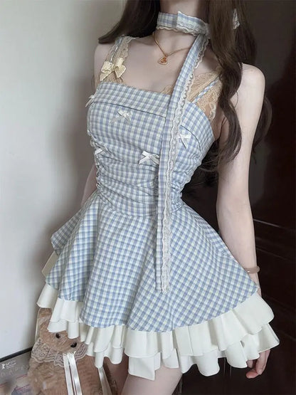 Women's Blue Plaid Bow Strapless Mini Dress