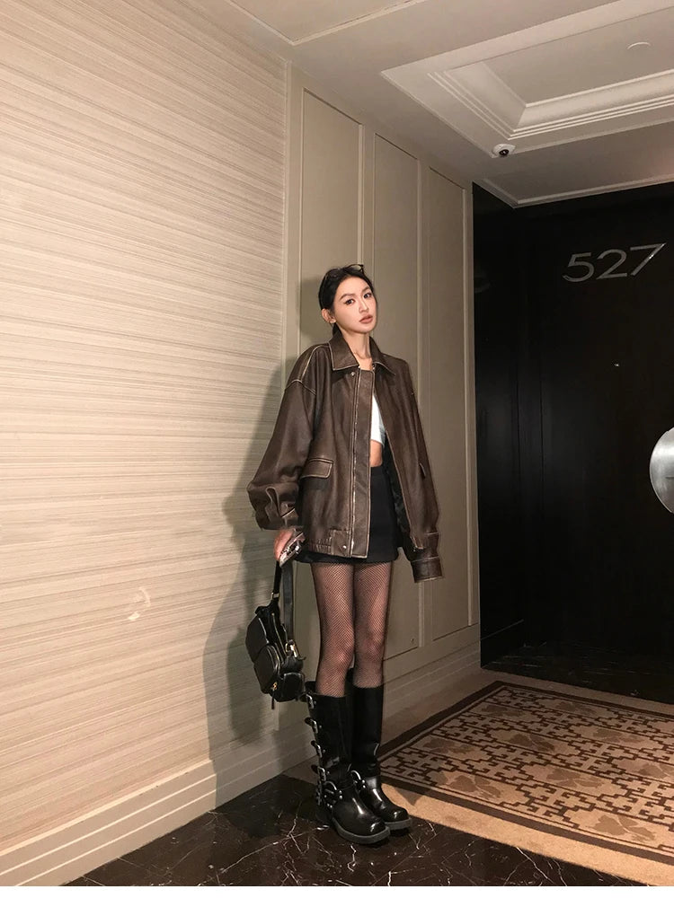 Lautaro Spring Autumn Cool Handsome Retro Oversized Distressed Brown Soft Faux Leather Jackets for Women Zipper Runway Fashion