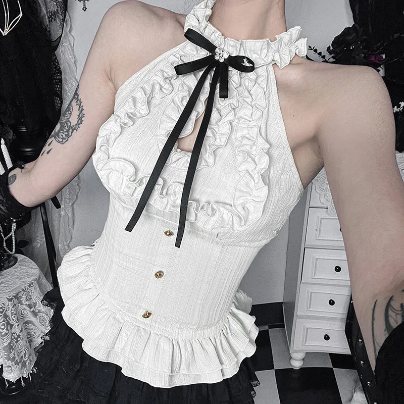 Women Blouses Trim Off Shoulder Halter Tops Mall Gothic Ruched Bow Tanks Top Fairycore Teachwear Summer Vests