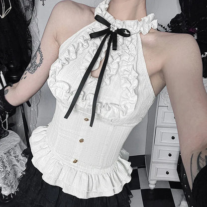 Women Blouses Trim Off Shoulder Halter Tops Mall Gothic Ruched Bow Tanks Top Fairycore Teachwear Summer Vests