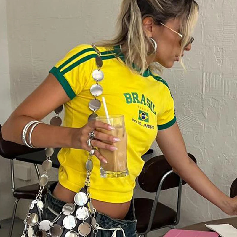Apex Ritual – Women's Brazil Letter Crop Top – 90s Aesthetic Vintage Y2K Short Sleeve Streetwear Tee
