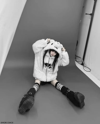 Japanese Gothic Hooded Plush Coat New Autumn Winter Subculture Cool Girl Women's Punk Rivet Lamb Wool Hoodie Jacket Zipper Coat