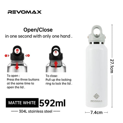 RevoMax-Double Wall Insulated Water Bottle, Outdoor Travel Sports Bottles, Stainless Steel Thermos for Tea, Thermal Cup, 600ml