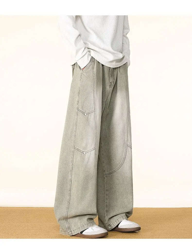 Men's Spring And Autumn Fashion Washed Large Versatile Casual Pants Retro Splicing Nail Beaded Jeans Loose Straight Leg Pants