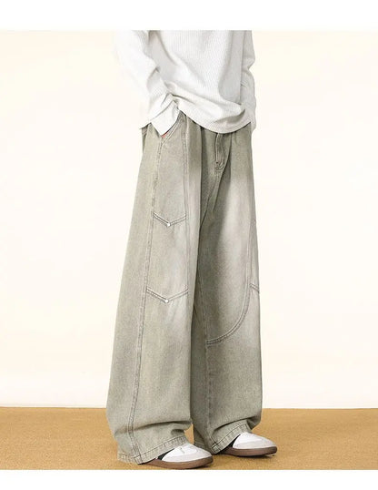 Men's Spring And Autumn Fashion Washed Large Versatile Casual Pants Retro Splicing Nail Beaded Jeans Loose Straight Leg Pants