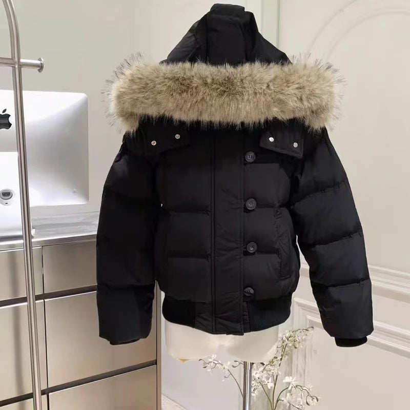 Autumn Winter Fur Hooded Jacket Women Outerwear Thick Dowon Cotton Padded Slim Short Parkas Female Cropped Puffer Bubble Coat