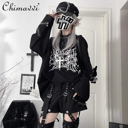 Original Print Subculture Dark Loose Long Sleeve Pure Cotton T-Shirt Japanese Punk Gothic Long Sleeve Round Neck Cool Girl Top