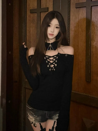 Women's Y2K Chain Slash-Neck Crop Top