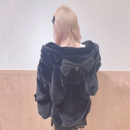 High Quality Japanese Winter New Sweet Cute Mine Cute Rabbit Ear Plush Cotton Coat Jacket Girl Lolita Fur Coats Women Parkas