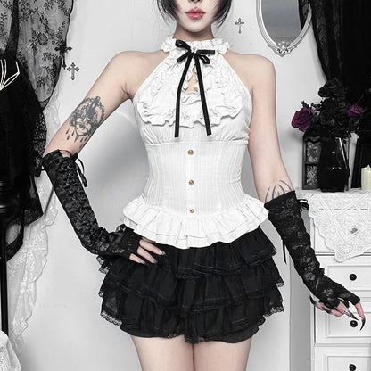 Women Blouses Trim Off Shoulder Halter Tops Mall Gothic Ruched Bow Tanks Top Fairycore Teachwear Summer Vests