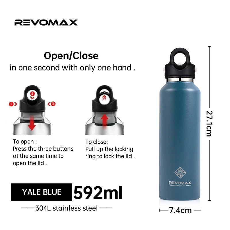 RevoMax-Double Wall Insulated Water Bottle, Outdoor Travel Sports Bottles, Stainless Steel Thermos for Tea, Thermal Cup, 600ml