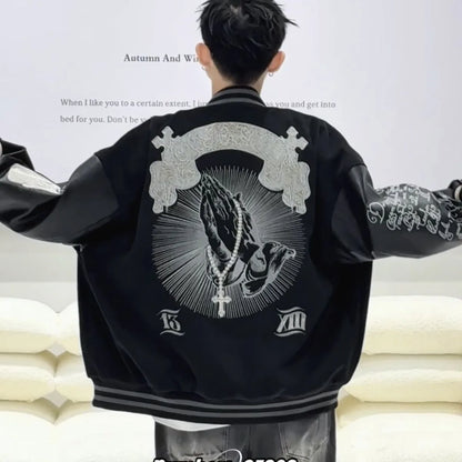 Embroidery bomber Jacket Men Splicing PU Leather Sleeves Spring Autumn Streewear varsity Jacket Baseball Coats Men Clothing