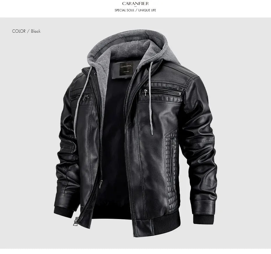 CARANFIER Men PU Leather Jacket Male Moto Biker Hooded Luxury Coats Clothing Faux Vintage Outerwear Chaqueta Hombre Dropshipping