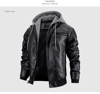 CARANFIER Men PU Leather Jacket Male Moto Biker Hooded Luxury Coats Clothing Faux Vintage Outerwear Chaqueta Hombre Dropshipping