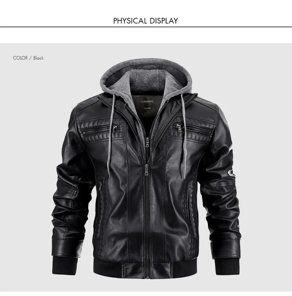 CARANFIER Men PU Leather Jacket Male Moto Biker Hooded Luxury Coats Clothing Faux Vintage Outerwear Chaqueta Hombre Dropshipping