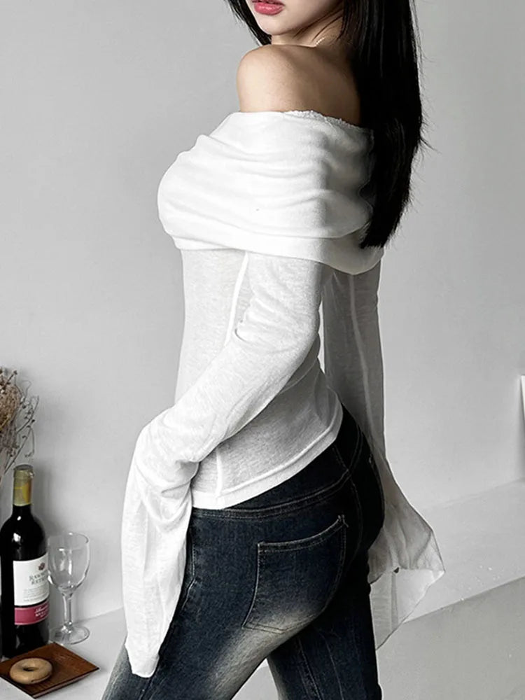 Y2k Aesthetic Simple Fashion Women's Tee Shirts Slash Neck Long Sleeve Solid Casual T-Shirts Vintage Off Shoulder Trendy Tshirts