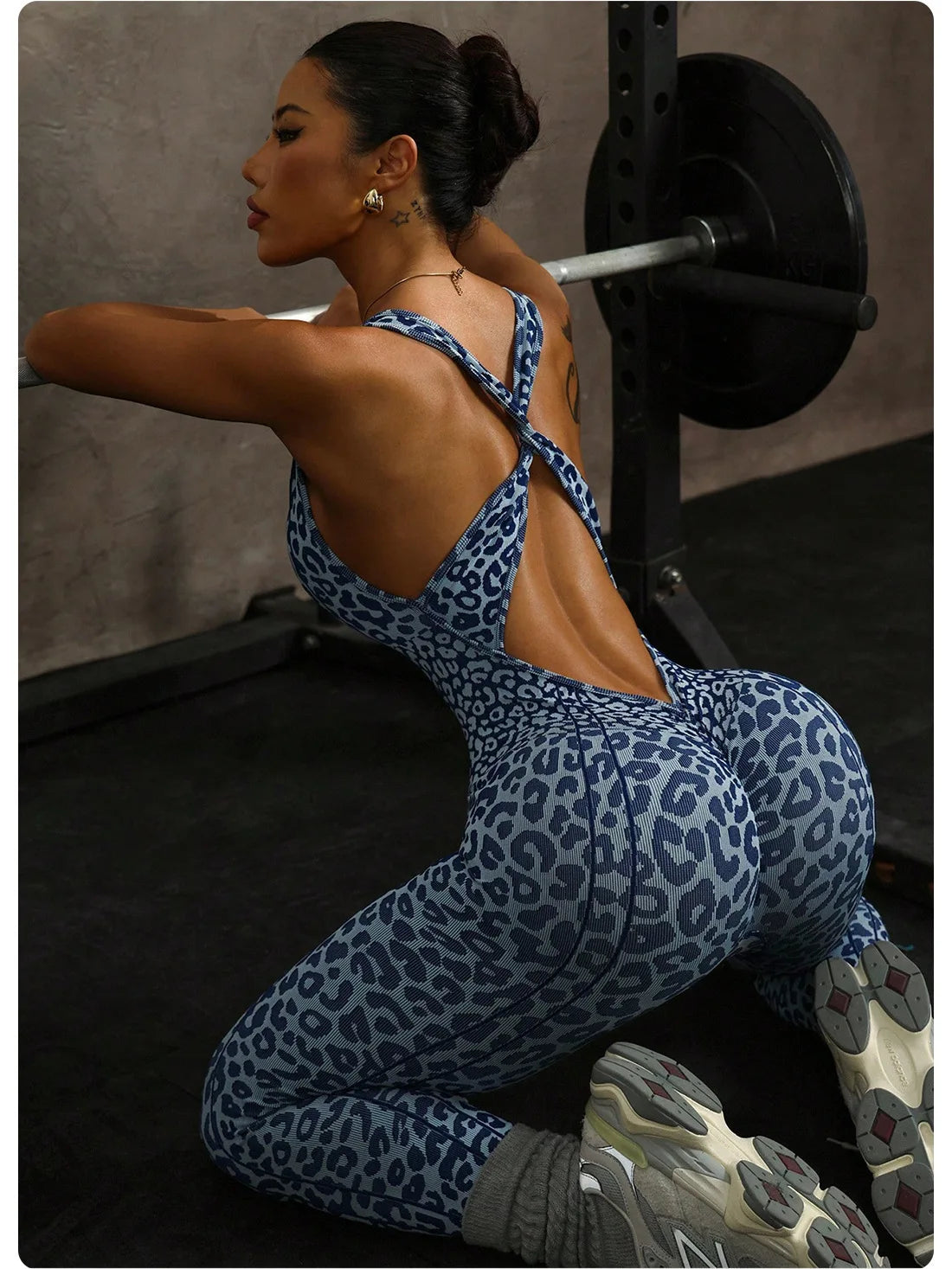 Women's Leopard Print Cross-Back Yoga Jumpsuit