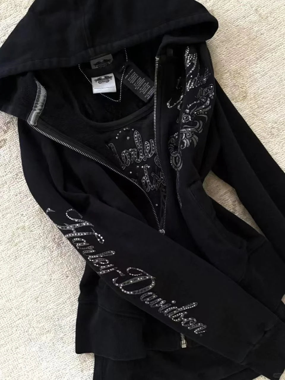Women's Jacket Y2K Gothic Drawstring Design Black Zipper Sweatshirt Harajuku Letter Pattern Sexy Slim Fit Hoodie