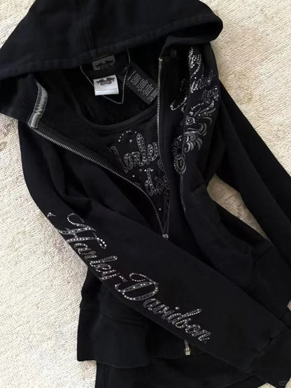 Women's Jacket Y2K Gothic Drawstring Design Black Zipper Sweatshirt Harajuku Letter Pattern Sexy Slim Fit Hoodie