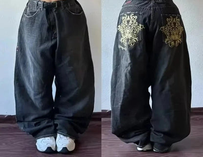 Harajuku Vintage Hip-hop Pop Letters Embroidered Washed Baggy Jeans Ladies Y2K Gothic Fashion Casual High Waist Wide Leg Pants