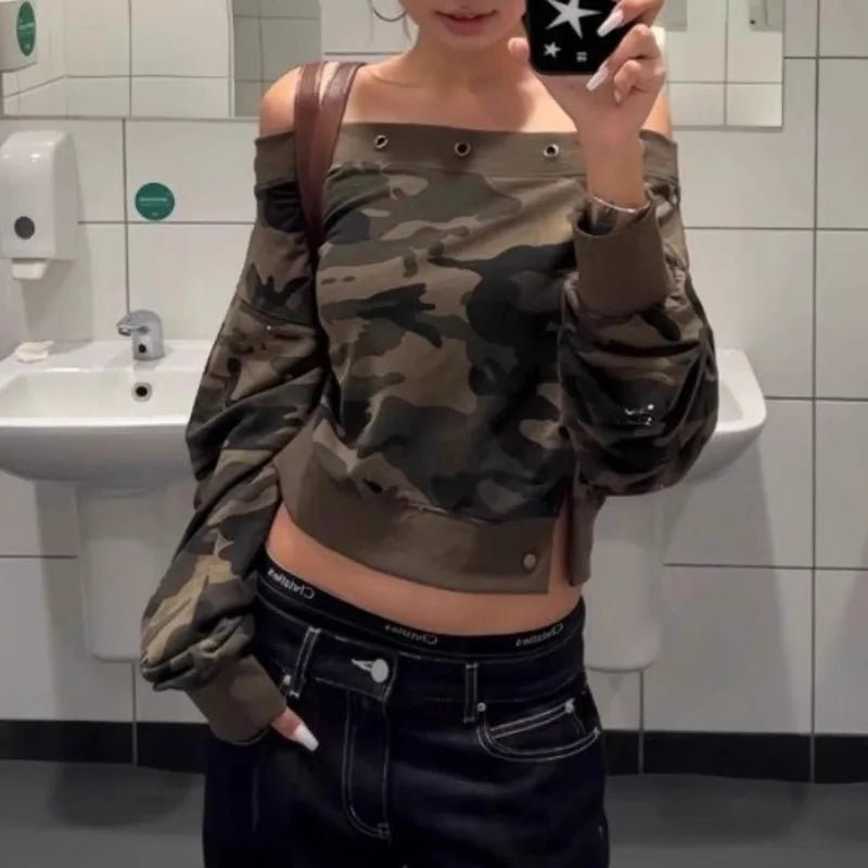Camouflage Off Shoulder Long Sleeve Sweatshirt For Women Autumn Sexy Personality Design Slim Fit One Character Shape Short Tops