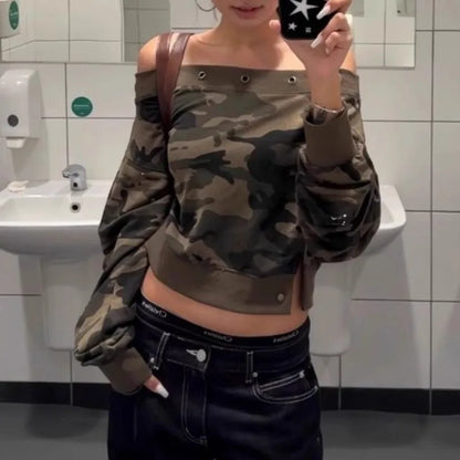 Camouflage Off Shoulder Long Sleeve Sweatshirt For Women Autumn Sexy Personality Design Slim Fit One Character Shape Short Tops