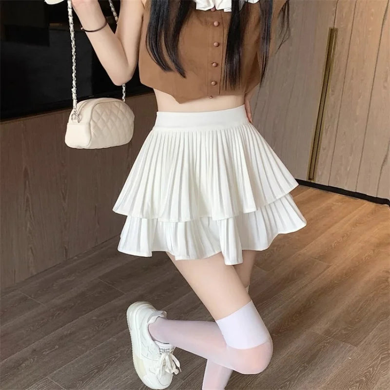 Women Ruffled Pleated A-Line Mini Skirt Summer Tulle Cake High Waist Slim Skirt Shorts Female Sexy Korean Kawaii White
