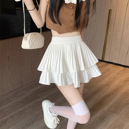Women Ruffled Pleated A-Line Mini Skirt Summer Tulle Cake High Waist Slim Skirt Shorts Female Sexy Korean Kawaii White