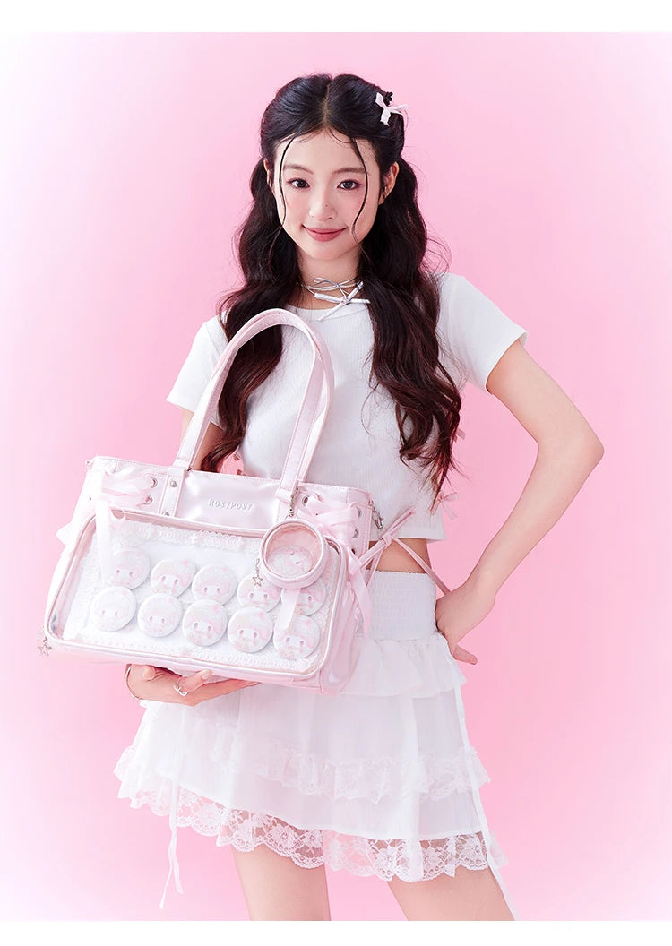 Japanese New Girls Silver Shoulder Bag Large Capacity Ribbon Itabag Student Women's Satin Messenger Bag Leather Backpacks