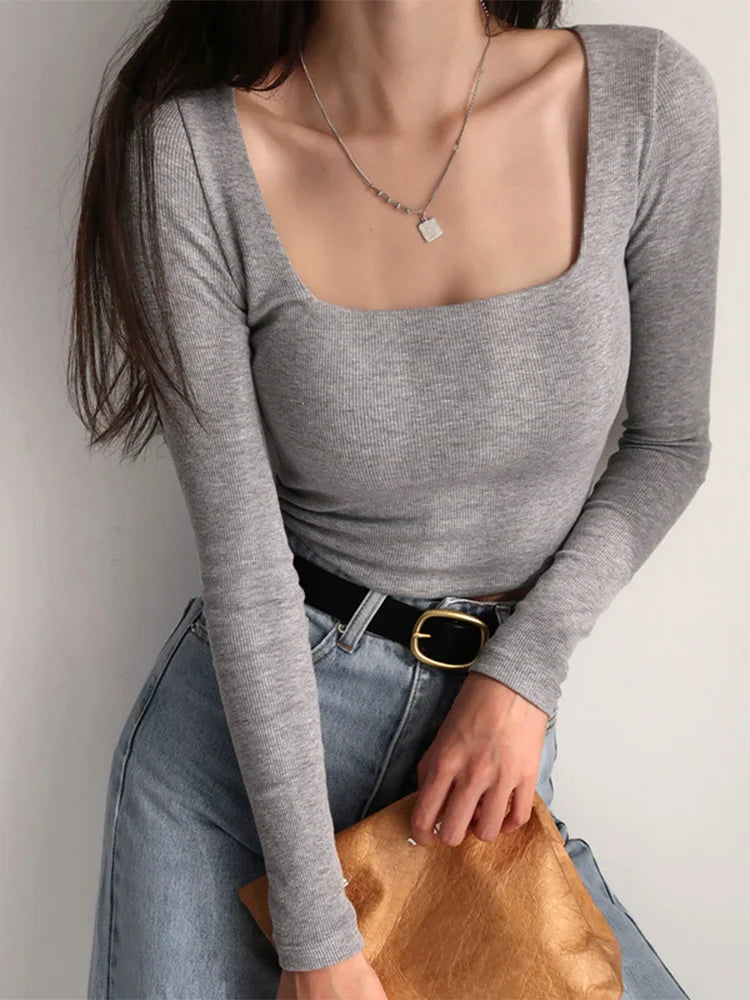 Women's Ribbed Square-Neck Long-Sleeve Crop Top