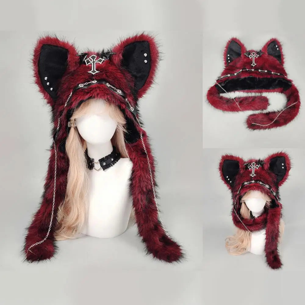 Winter Plush Beanie Hats Punk Wolf Furry Ear Protection Outdoor Windproof Caps Couples Headwear Gothic Dark Fursuit Cosplay Prop