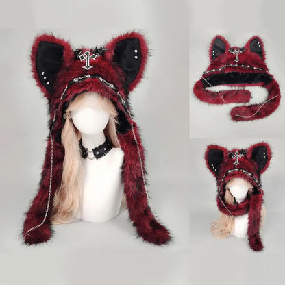Winter Plush Beanie Hats Punk Wolf Furry Ear Protection Outdoor Windproof Caps Couples Headwear Gothic Dark Fursuit Cosplay Prop