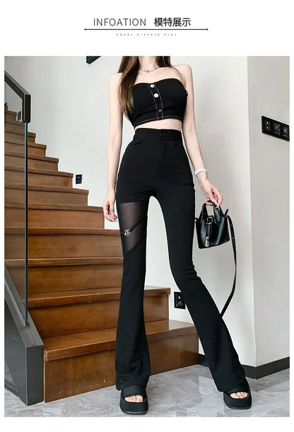 Sexy Black Mesh Patchwork High Waisted Flared Pants Chic Slim Women's Thin Trousers for Summer Korean Style