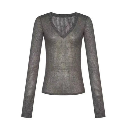 Women's Sheer V-Neck Long-Sleeve Top