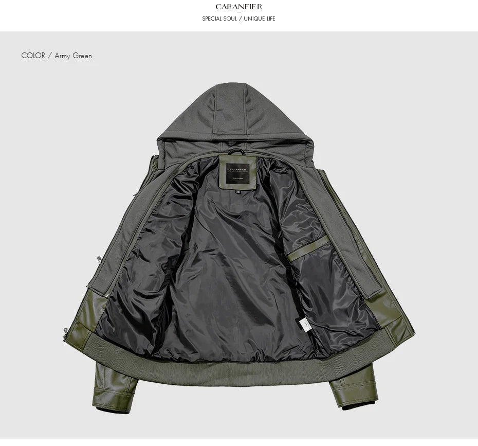CARANFIER Men PU Leather Jacket Male Moto Biker Hooded Luxury Coats Clothing Faux Vintage Outerwear Chaqueta Hombre Dropshipping