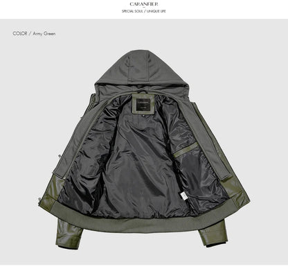 CARANFIER Men PU Leather Jacket Male Moto Biker Hooded Luxury Coats Clothing Faux Vintage Outerwear Chaqueta Hombre Dropshipping