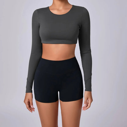 Crop Top Women Long Sleeve Tees 2026 Gym Shirt Padding Sports T-shirts Push Up Yoga Clothing Black White Blue Coffee Gray Navy